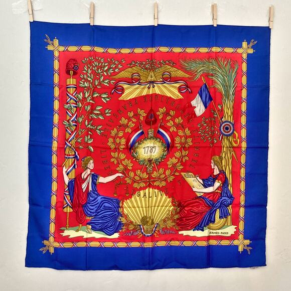 HERMES Paris 1789 Republique Francaise Blue Red Silk Scarf - Picture 2 of 14